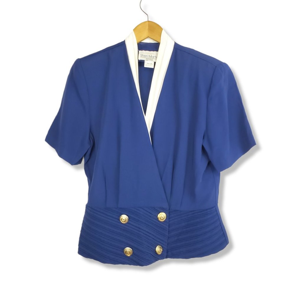 Vintage Sheri Martin Blue V-Neck Blazer Style Blouse Size 10P